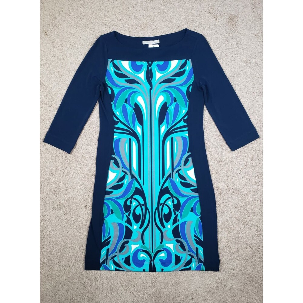 Banana Republic 3/4 Sleeve Stretch Retro Print Shift Dress Petite Size XXS Multi